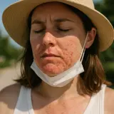 Mujer con sombrero de paja y mascarilla médica caída, sufre de dermatitis perioral con enrojecimiento y granitos alrededor de la boca.