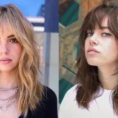 Dos mujeres lucen un corte shag moderno. Una con cabello rubio ondulado y flequillo, la otra con cabello castaño con capas desordenadas.