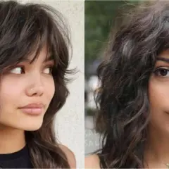 Dos mujeres con un corte de pelo shaggy bob oscuro y ondulado, con flequillo desordenado.