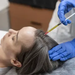 Una mano con guante azul aplica una inyección en el cuero cabelludo de una mujer, buscando aliviar el dolor y mejorar la salud capilar.
