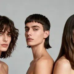 Tres modelos con diferentes peinados, uno con un corte moderno que incluye un pico de viuda, posan ante un fondo gris.