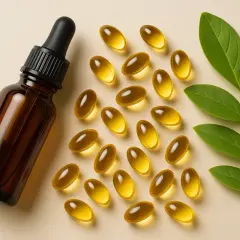 Frasco ámbar con gotero junto a cápsulas doradas y hojas verdes. Podrían ser suplementos de tocoferol.