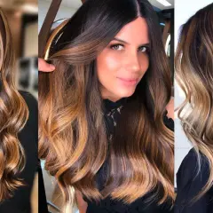 Cabello castaño con reflejos que imitan el tinte color miel o caramelo, creando un efecto balayage natural y luminoso.