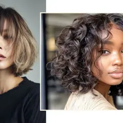 Dos estilos de cabello modernos, uno rubio con flequillo y otro moreno rizado, perfectos para cortes de pelo que rejuvenecen a los 50.