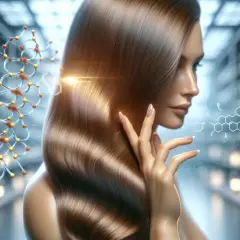 Mujer con cabello sedoso y fórmulas químicas flotando, explicando qué es la queratina y su ciencia capilar.