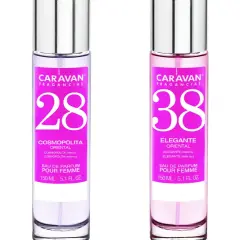 Dos perfumes Caravan, números 28 y 38, con etiquetas rosas y plateadas. Equivalencias Caravan hombre y mujer.