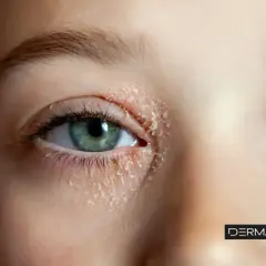 Ojo con eczema cara, piel seca y escamosa alrededor del párpado.