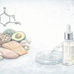 Fórmula química de la Vitamina B3, alimentos ricos en ella y frascos de cosméticos.