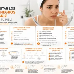 Mujer se mira en espejo, tocándose la nariz con puntos negros. Guía para quitar puntos negros sin irritar la piel.