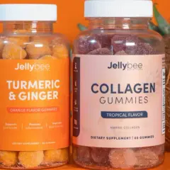 Gomitas de colágeno Jellybee sabor tropical y cúrcuma con jengibre, junto a frutas tropicales. ¡Tu aliado para el bienestar, como los que encuentras en Mercadona!