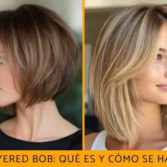 Dos estilos de cortes bob en capas: uno castaño oscuro y otro rubio con flequillo.