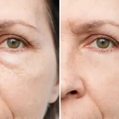 Comparación de ojos: antes y después de aplicar un método para como drenar las bolsas de los ojos. Se observa una piel más lisa y firme.