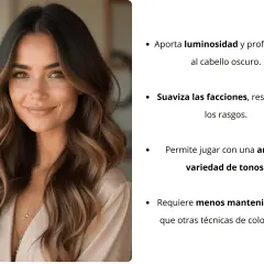 Mujer con cabello castaño oscuro y mechas balayage, resaltando la luminosidad y variedad de tonos.