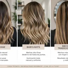 Cabello con babylights, mechas ultra finas desde la raíz para una iluminación natural y uniforme.