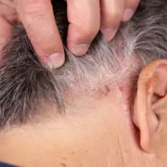 Dedos separan cabello gris mostrando escamas y enrojecimiento, indicando posible tiña en el pelo.