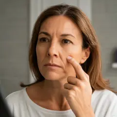 Mujer se toca la línea nasogeniana en el espejo, notando los signos del tiempo en su rostro.