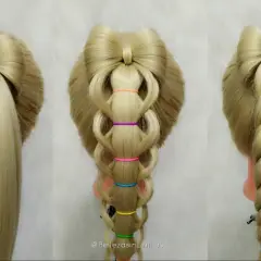 Peinados para niñas: tres estilos de trenzas con moño, trenza de burbujas y trenza clásica en cabello rubio.