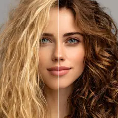 La mitad de un rostro con pelo rubio ondulado y la otra mitad con pelo castaño rizado, mostrando los reflejos del pelo.