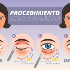 Ilustración del procedimiento de blefaroplastia para corregir párpados caídos, mostrando antes y después.