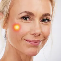 Mujer sonríe con un punto de luz roja en la mejilla, sugiriendo un tratamiento como Endolift. Consulta el endolift precio.