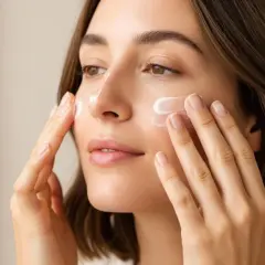 Mujer aplicándose crema facial con phenoxyethanol. Sus manos suaves extienden el producto, dejando la piel radiante y cuidada.