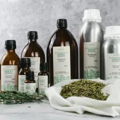 Aceites esenciales de romero en frascos de vidrio y metal, con ramitas frescas y romero seco. El aroma de linalool impregna la escena.