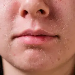 Primer plano de piel facial con descamación y enrojecimiento alrededor de la nariz y la boca.