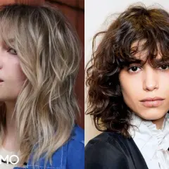 Dos estilos de corte de pelo shaggy: uno rubio con capas desordenadas y flequillo, el otro moreno con rizos voluminosos y flequillo.