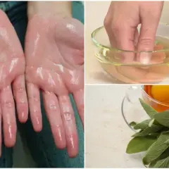 Manos sudorosas por hiperhidrosis palmar. Un dedo en un cuenco con líquido y una taza de té de salvia.