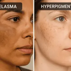 Comparación de melasma, una condición de hiperpigmentación, en dos rostros.