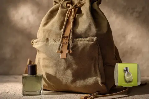 Botella de colonia Viento de Mercadona junto a una mochila de lona, lista para una aventura.
