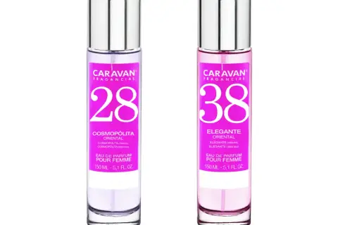 Dos perfumes Caravan, números 28 y 38, con etiquetas rosas y plateadas. Equivalencias Caravan hombre y mujer.