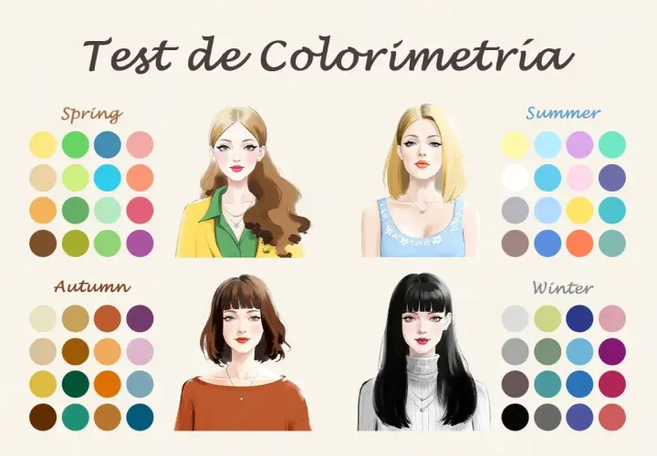 Test de colorimetría: cuatro mujeres con paletas de colores asociadas a primavera, verano, otoño e invierno.