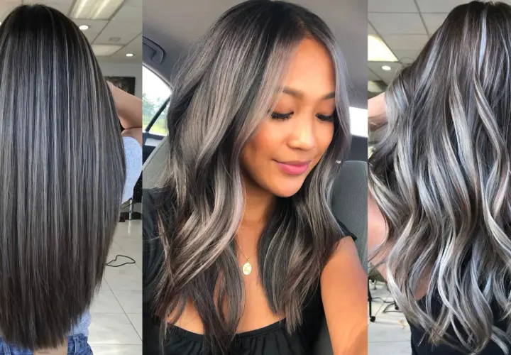 Cabello oscuro con mechas plateadas y grises, un estilo moderno para disimular canas.