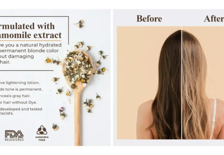 Logra aclarar el pelo de forma natural con extracto de manzanilla. Antes y después de un cabello oscuro a rubio hidratado y permanente.