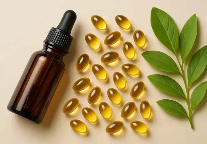 Frasco ámbar con gotero junto a cápsulas doradas y hojas verdes. Podrían ser suplementos de tocoferol.