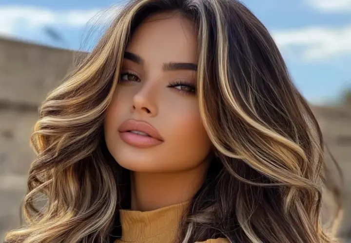 Mujer con cabello bronde ondulado, con reflejos rubios y castaños que iluminan su rostro.