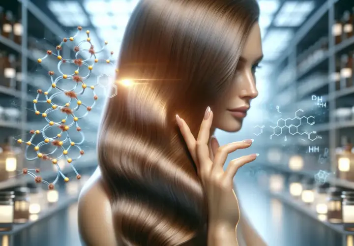 Mujer con cabello sedoso y fórmulas químicas flotando, explicando qué es la queratina y su ciencia capilar.