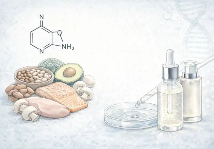Fórmula química de la Vitamina B3, alimentos ricos en ella y frascos de cosméticos.