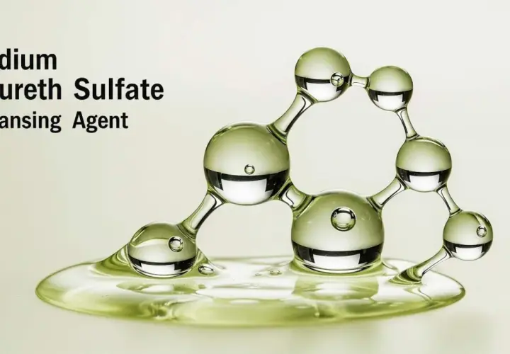 Molécula de Sodium Laureth Sulfate, un agente limpiador, representada con esferas de líquido verde translúcido.