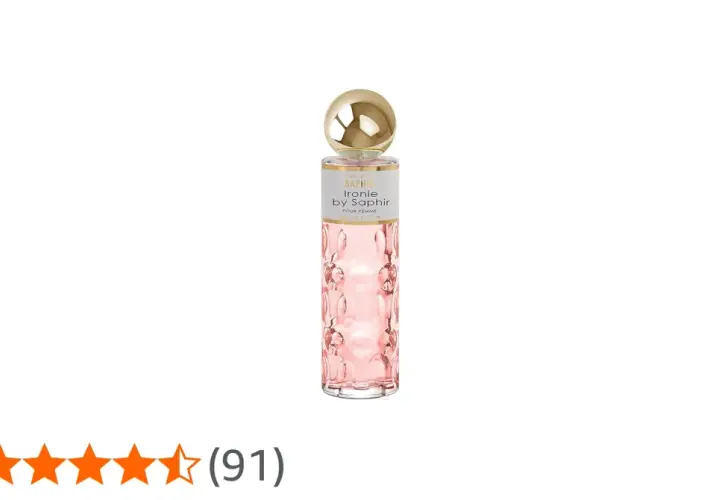 Frasco de perfume rosa con tapa dorada. "Ironie by Saphir" indica su equivalencia.