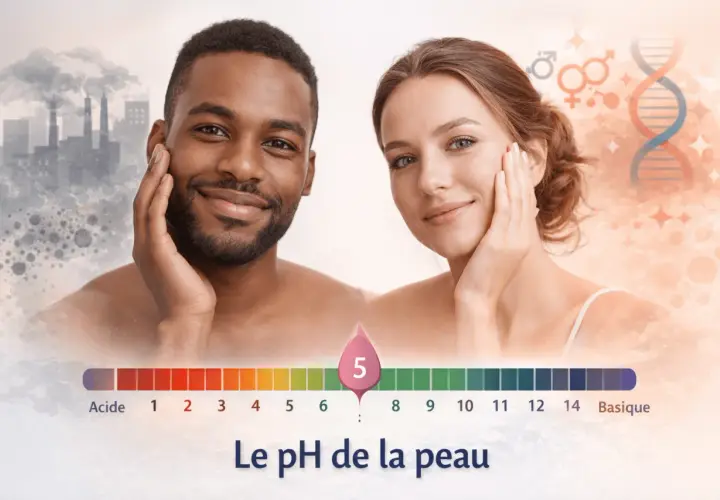 Pareja sonriente con escala de pH de la piel. El hombre tiene fábricas contaminantes detrás, la mujer tiene símbolos de ADN y género.