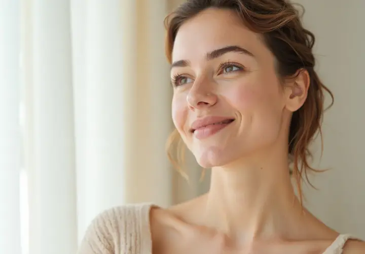 Mujer sonriente, con piel radiante. El ácido hialurónico para que sirve: hidrata y da volumen, logrando esta luminosidad natural.