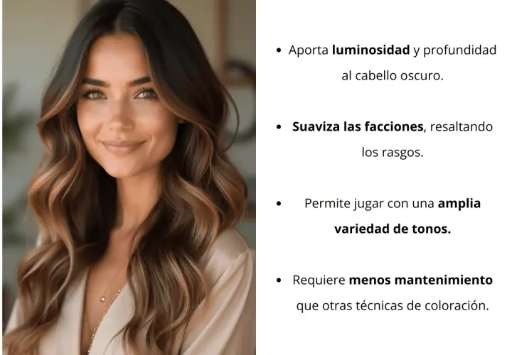 Mujer con cabello castaño oscuro y mechas balayage, resaltando la luminosidad y variedad de tonos.