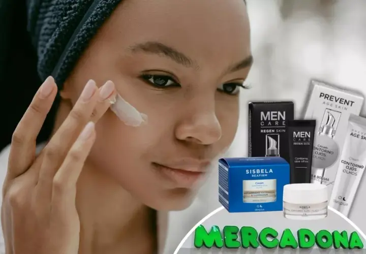Mujer aplicándose crema en el contorno de ojos. Productos de contorno de ojos Mercadona en el fondo.