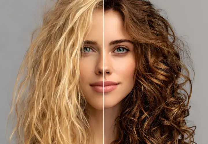 La mitad de un rostro con pelo rubio ondulado y la otra mitad con pelo castaño rizado, mostrando los reflejos del pelo.