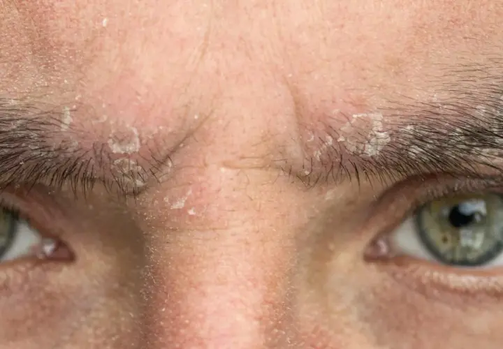 Primer plano de la frente y ojos de una persona con escamas blancas y piel irritada, indicativo de seborrea.