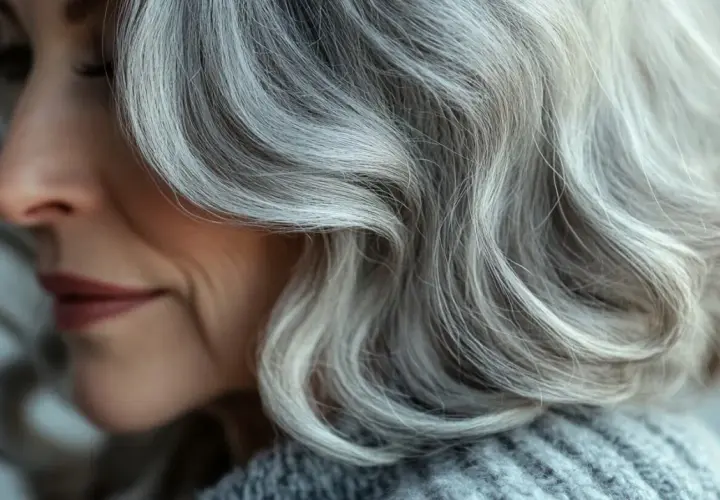 El cabello plateado de una mujer, con ondas suaves, muestra la belleza natural de porque salen las canas.
