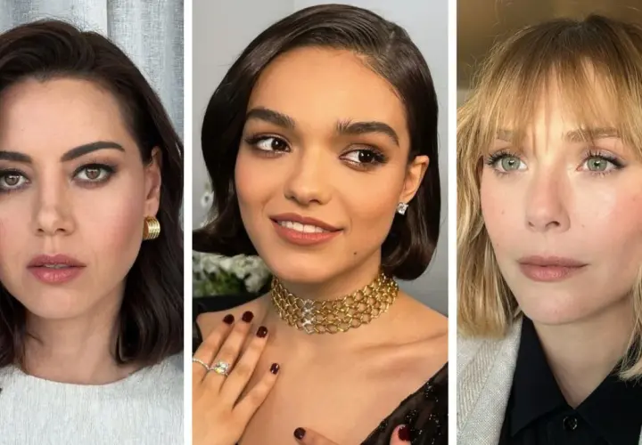 Tres mujeres con un bob texturizado: una con cabello oscuro y aretes dorados, otra con cabello oscuro y un collar de oro, y la tercera con cabello rubio y flequillo.