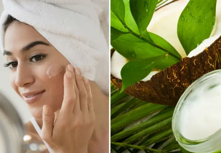 Mujer aplicándose crema en la cara junto a un coco y hojas verdes.